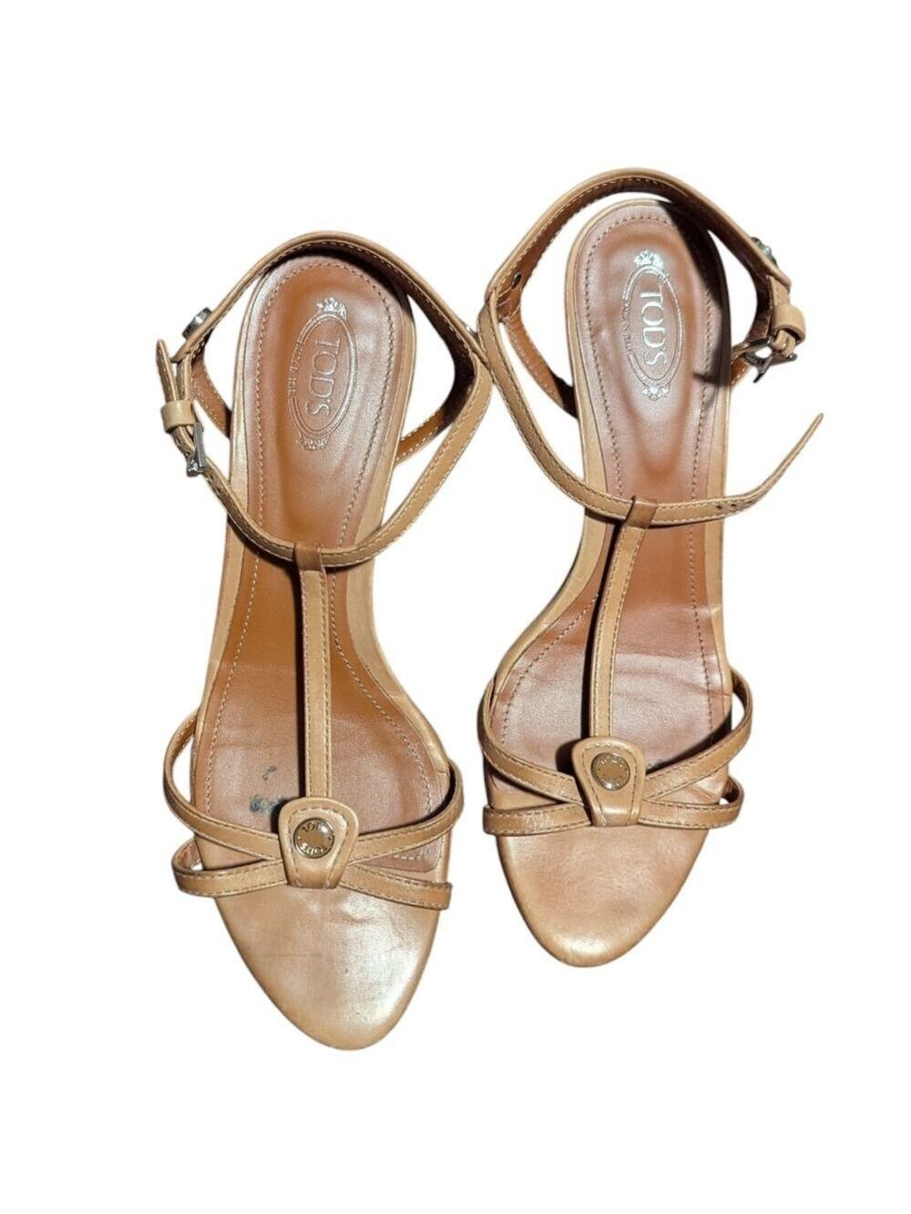 Tod's Tan Leather Strappy Kitten Heels Sandals